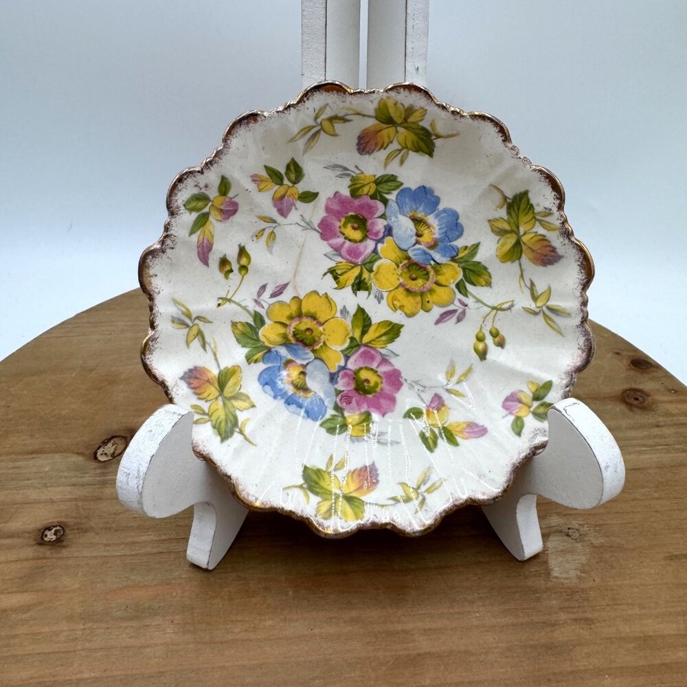 James Kent LTD Longton Made In England, #3091 Floral Trinket Dish 5" Gold Rim